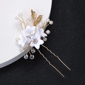 Élégant Pic à Cheveux de Mariage Épingle à Cheveux en U Fleur en Résine Blanche Fait Main Feuille d'Or Künstliche Perle Cristal Accessoires de Coiffure pour Femmes