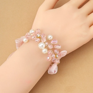 Pink Crystal Artificial Pearl Flower Wrist Corsage Bracelet For Bride Bridesmaid Wedding Party Jewelry Romantic Handmade Ribbon Wristband