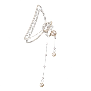 Close-up of silver metal hair claw with elegant pearl tassel chains on white background