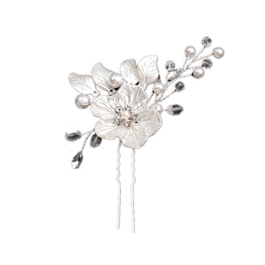 Épingle à cheveux de mariée avec fleurs blanches, perles et feuilles argentées en U