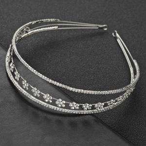 Silver bridal headband with double-layered rhinestones and floral crystal design