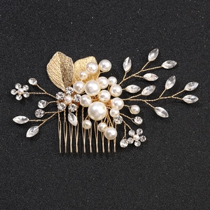 Handmade golden hair comb with white pearls and rhinestones for wedding or party