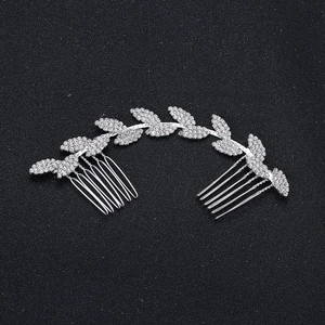 Silver bridal hair comb with rhinestone oval leaf design for wedding or formal occasions