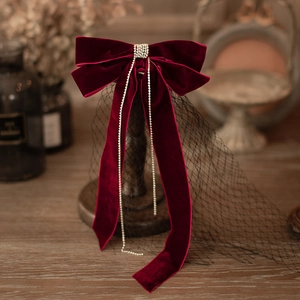 Vintage Wine Red Velvet Big Bow Hair Clip With Rhinestone Tassel And Black Mesh Bridal Wedding Hair Accessories For Women