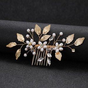 Elegante pettine per capelli da sposa con foglie dorate, perle e strass per matrimoni