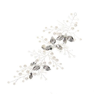 Vigne de cheveux feuilles argentées avec perles et cristaux pour coiffure de mariée