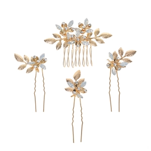 Ensemble d'accessoires cheveux dorés pour mariée avec feuilles et strass étincelants