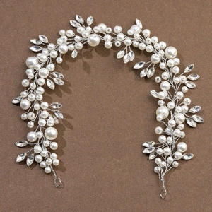 Elegant pearl and marquise rhinestone bridal hair vine with silver wire and end loops