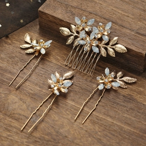 Parure de 4 accessoires cheveux de mariée avec feuilles dorées et strass étincelants