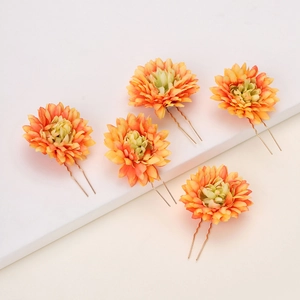 Five-piece orange gradient dahlia flower hair pins set for bridal wedding styling
