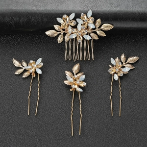Accessoires de Cheveux de Mariée en Alliage d'Or Feuille Strass Peigne Et Épingles Pour Mariage Fête Femme Luxe Décor
