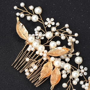 Elegant gold leaf and white pearl handmade hair comb with sparkling crystal accents