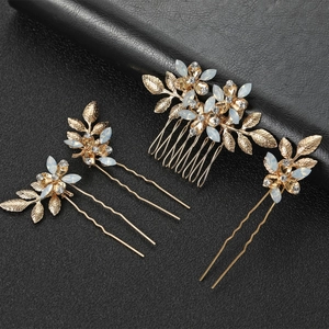 Parure de cheveux mariée 4 pièces avec feuilles dorées, strass et pierres blanches précieuses