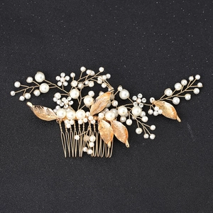 Handmade Gold Leaf Artificial Pearl Hair Comb Bridal Rhinestone Flower Headpiece Elegant Wedding Hair Accessories For Women Party Banquet