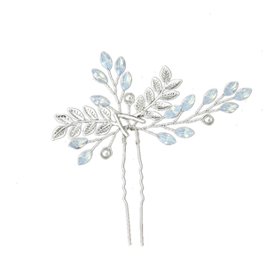 Épingle à cheveux feuille argentée avec strass bleus et perles blanches pour mariage