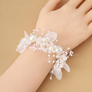 Corsage de Muñeca con Flor de Perlas Artificiales de Estilo Coreano para Damas de Honor Boda Fiesta Accesorios de Vestido de Noche Elegante Pulsera de Cinta Floral