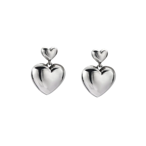Elegant silver layered heart earrings with dual heart dangle design in polished finish