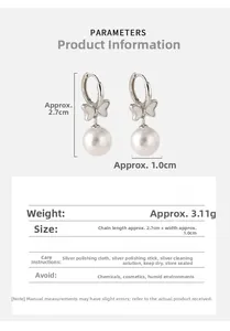 Detailed view of silver bow earrings with shell inlay and pearl drop including size specs