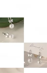 Detailed close-up of bowknot pearl earrings featuring white enamel and silver finish
