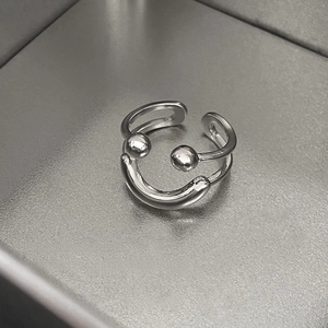 Minimalist silver smiley face ring with adjustable open band and double round beads design