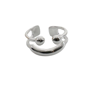 Minimalist silver smiley face open ring with adjustable dual band and metal beads design