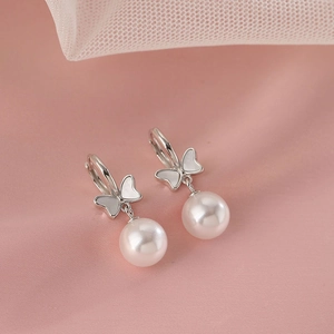 Elegant silver bow hoop earrings with white shell butterflies and round hanging pearls