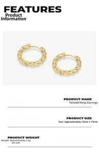 Detailed view of 15mm twisted gold hoop earrings showing size and 2.3g weight specs