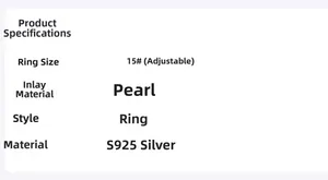 Detailed size chart for S925 silver pearl ring with adjustable open band feature