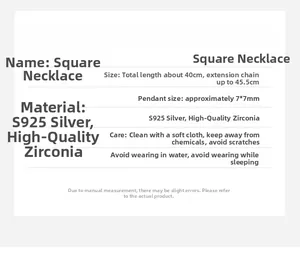 Detailed size specifications for S925 silver square zircon necklace with care instructions