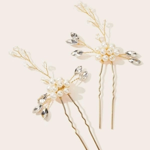 Lot de 2 épingles à cheveux de mariée en perles et cristal avec motif floral doré en forme de U