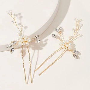 Ensemble de deux épingles à cheveux de mariée dorées avec perles blanches et cristaux