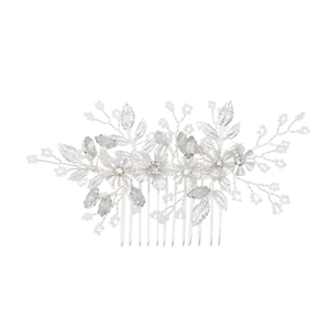 Exquisite bridal hair comb with silver metal leaves, white flowers and crystal beads