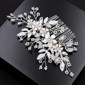 Silver bridal hair comb with handmade flowers, white beads, and sparkling crystals