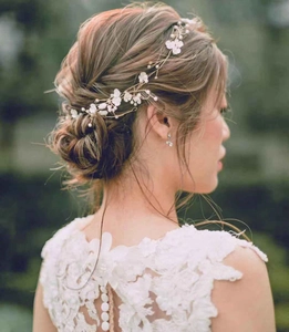 Floral bridal hair vine with pearls and gold wire for wedding hair styling decor