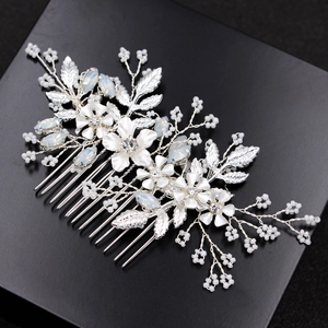 Silver bridal hair comb with handmade beads crystals and floral leaves for wedding style