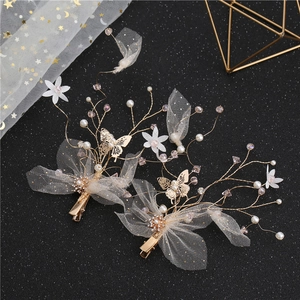 Koreanischer Stil Braut Blumen Haarspangen Künstliche Perlen Strass Netz Schmetterling Wald Süß Hochzeit Party Haarschmuck