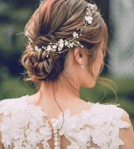 Handmade Bridal Hair Vine White Flower Artificial Pearl Gold Silver Wire Wedding Headband Long Floral Hair Chain Women Hair Jewelry