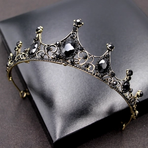 Vintage Baroque black crown with antique gold metalwork and dark crystals for weddings