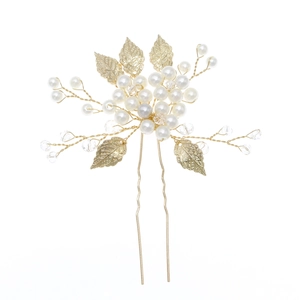 Épingle à cheveux mariée élégante avec feuilles d'or, perles et cristaux