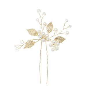 Épingle à cheveux de mariée avec feuilles dorées, perles blanches et cristaux