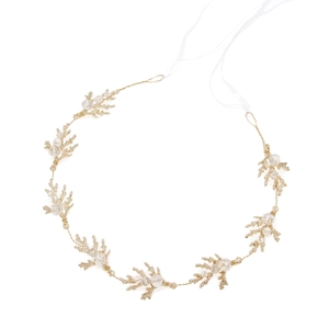 Serre-tête de mariée feuilles dorées avec perles de cristal et ruban blanc élégant