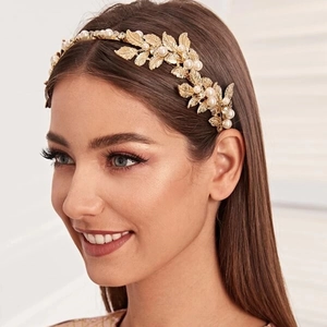 Baroque Alloy Leaf Hair Hoop With Faux Artificial Pearl Rhinestone Elegant Wedding Bridal Headband Vintage Hair Accessories For Women