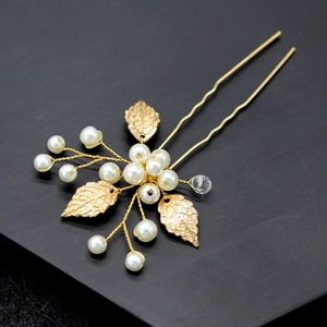Golden leaf hair pin with white pearls and crystal bead for bridal wedding hairstyle