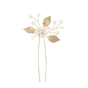 Golden bridal hair pin with white pearls and delicate alloy leaf details for wedding styles