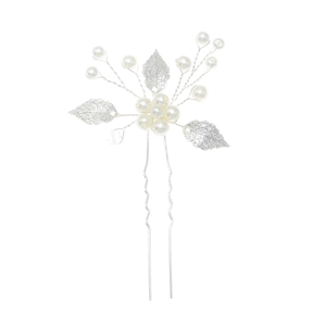 Silver U-shaped bridal hair pin with metallic leaves and lustrous faux pearls for weddings