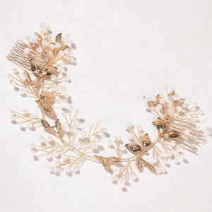 European baroque bridal hair vine with golden leaves and white pearls on dual combs