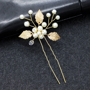 Alloy Leaf Artificial Pearl Bridal Hair Pin U Shaped Wedding Headpiece Gold Silver Rhinestone Hair Accessory Romantic Hair Jewelry
