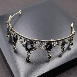 Baroque black crystal bridal crown with vintage bronze frame for wedding hairstyles