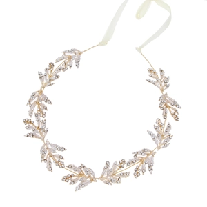 Cerchietto a foglia dorata con strass e nastri avorio per acconciatura da sposa