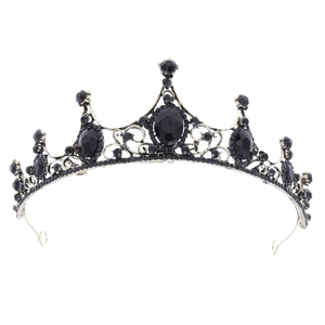 Baroque black crystal bridal crown with vintage silver alloy base and rhinestones